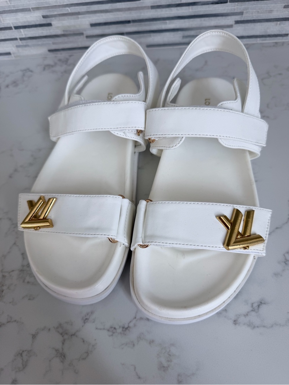 White Sandals with Gold LV Hardware size 8